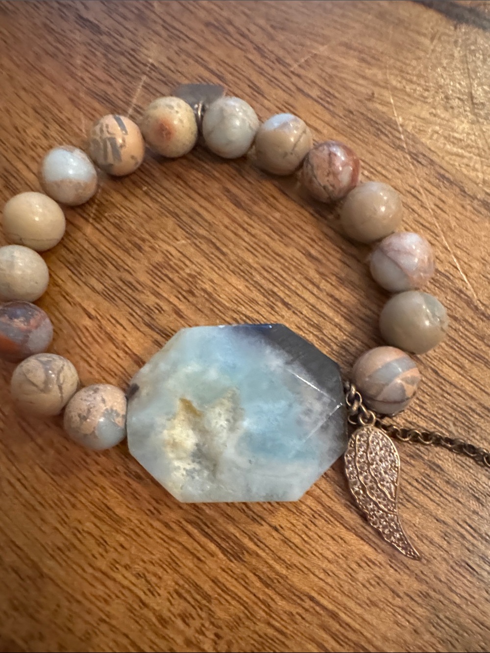 Neutral Stone Beaded Bracelet with Blue Agate Focal - Picture 6 of 9